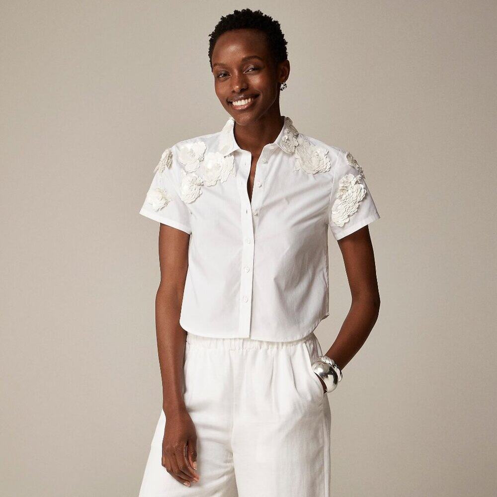 NWT J Crew Collection Cropped Button-up Shirt with Floral Appliqués Size 12